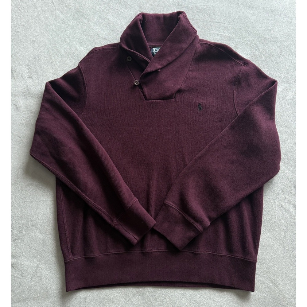 Polo Ralph Lauren Shawl Collar Sweatshirt Burgundy Maroon Button Size L Vintage
